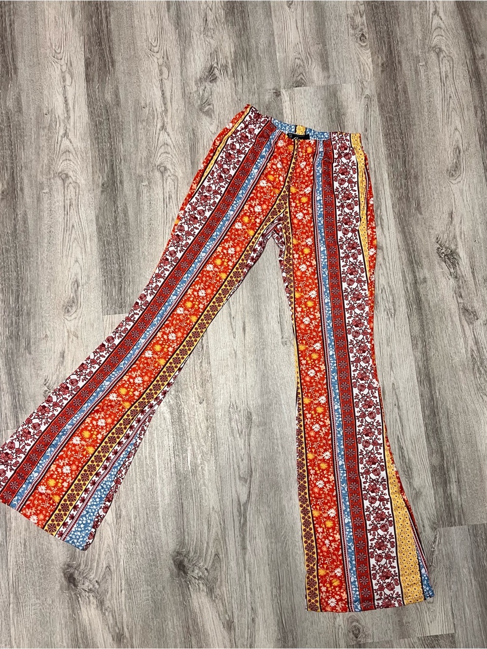 Rainbow Multicolor Patchwork Elastic-Waist Wide-Leg Pants - Blue/Yellow/Red